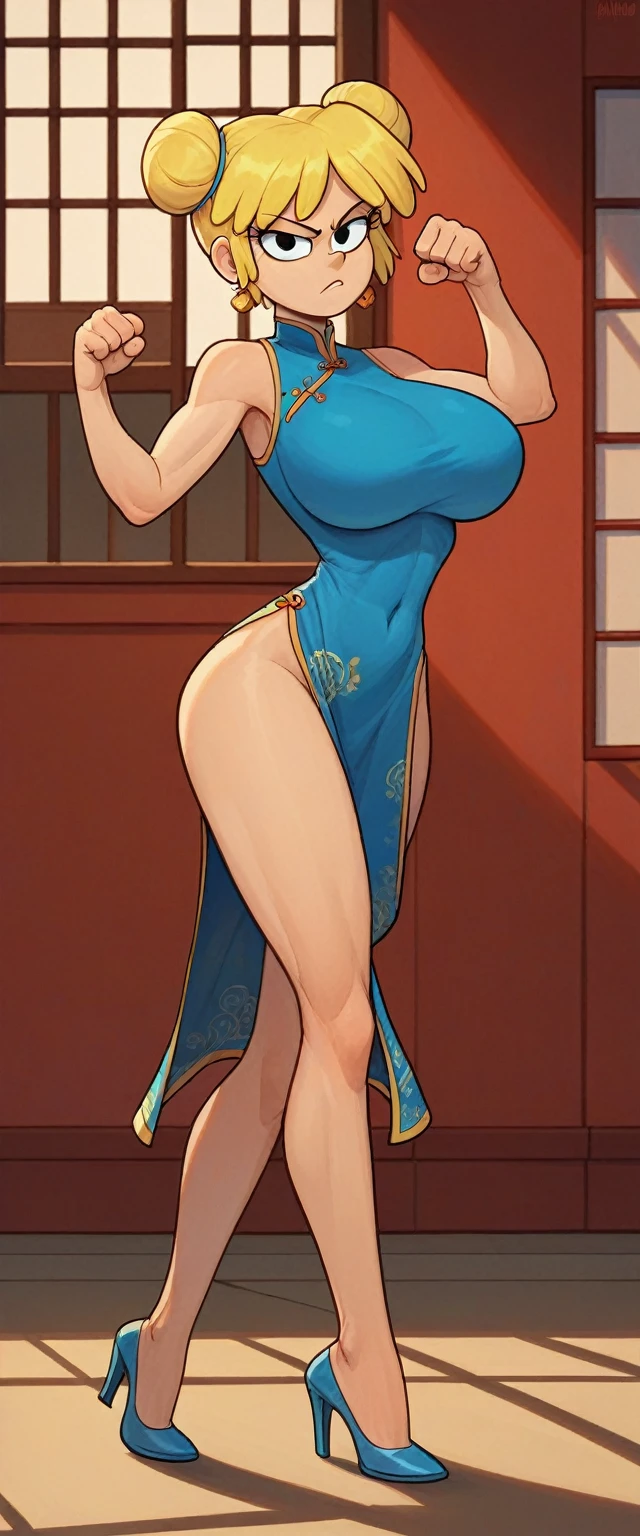 lori loud, 1girl, solo, 24yo girl, huge breasts, blue cheongsam,  inside of a chinese style temple,  looking at viewer, blonde hair, short hair, two hair buns , hands  score_9, score_8_up, score_7_up, high heels,teep fighting stance,martial arts