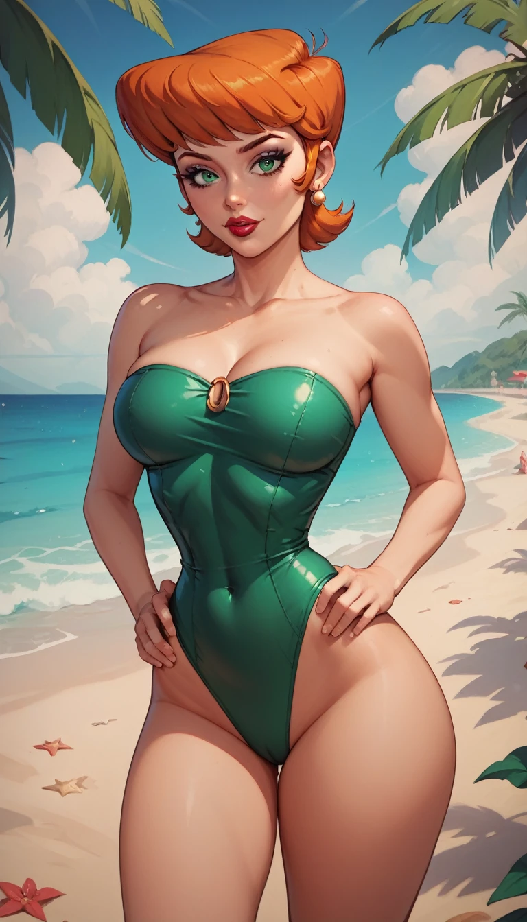 A beautiful girl with short orange hair, green eyes, and earrings, wearing makeup and lipstick, and white leotard in a curvy cartoon style, highly detailed, masterpiece, cowboy shot,Dexter's Mom, beach, intricate,thin waist,hands on waist,