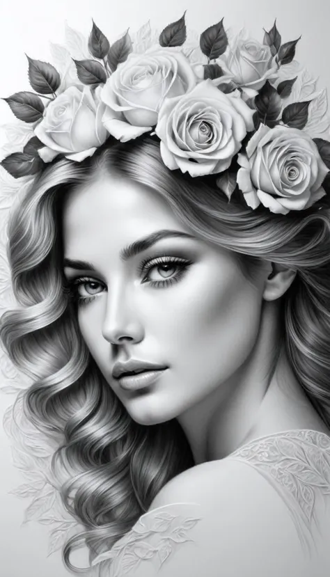 on a sheet of crisp, white paper, a beautiful woman is being meticulously drawn. her face, framed by delicate roses, radiates gr...