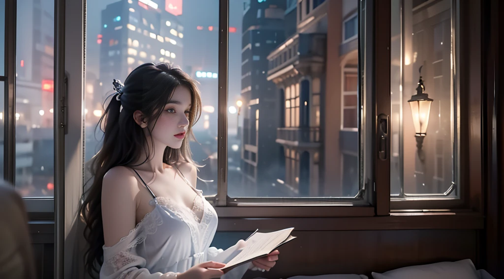 ((masterpiece, best quality, Highest image quality, high resolution, Reality, RAW photos, 8K)), Bustling future city night scene，Girl standing in front of the window，Large French Windows，Lace pajamas，Off-shoulder，Large Breasts，Long hair，Pretty face，Closed mouth，dramatic，Upper Body，（midnight）