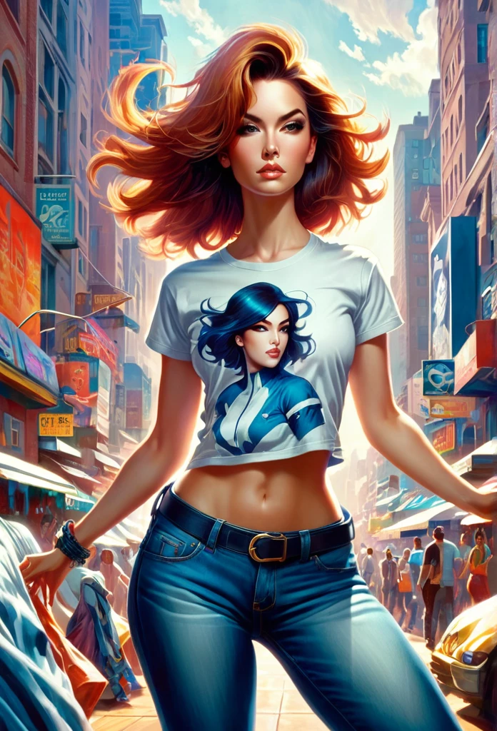 a woman in jeans and a t - shirt posing for a picture, style ivan talavera and artgerm, artgerm julie bell beeple, artgerm style, chris moore. artgerm, as seen on artgerm, artgerm comic, in the style artgerm, extremely detailed artgerm, graphic artist artgerm