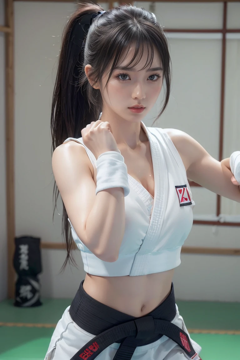 (I can see a sporty bra)、(((sexy Karate clothes, black belt)))、nsfw vibrator,girl trembling with sexual climaxFemale karateka with bangs and ponytail、Visible navel and lower chest、shiny skin、((shy face))、((Turn your face away))、((look sideways))、((face is flushed))、(Watery eye)、cry、(((Karate Dojo)))、((delicate pictures))，(Masterpiece detailed RAW photos:1.25), (highest quality:1.6), (Super high resolution:1.5), (realistic:1.75), 8K resolution, Canon EOS R5, 50mm, absurd, super detailed,cinematic lighting、((Sporty panties are visible))、(((The pants are taken off)))、