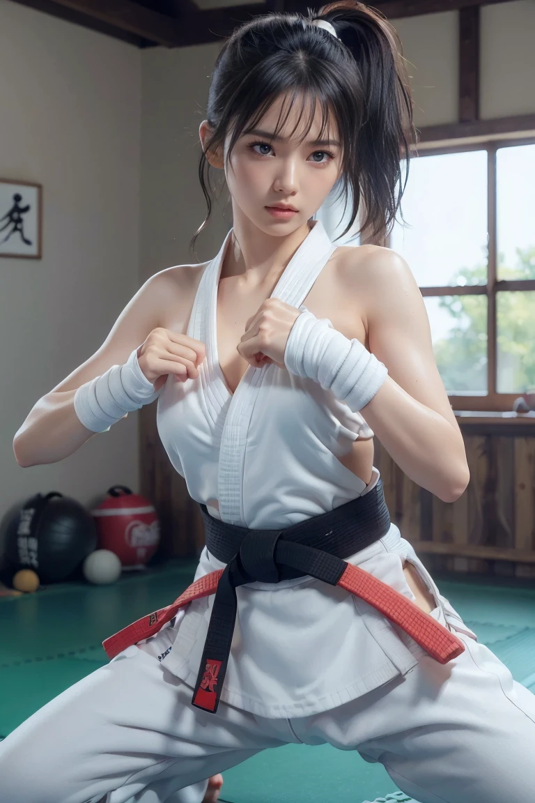 (I can see a sporty bra)、(((sexy Karate clothes, black belt)))、nsfw vibrator,girl trembling with sexual climaxFemale karateka with bangs and ponytail、Visible navel and lower chest、shiny skin、((shy face))、((Turn your face away))、((look sideways))、((face is flushed))、(Watery eye)、cry、(((Karate Dojo)))、((delicate pictures))，(Masterpiece detailed RAW photos:1.25), (highest quality:1.6), (Super high resolution:1.5), (realistic:1.75), 8K resolution, Canon EOS R5, 50mm, absurd, super detailed,cinematic lighting、((Sporty panties are visible))、(((The pants are taken off)))、