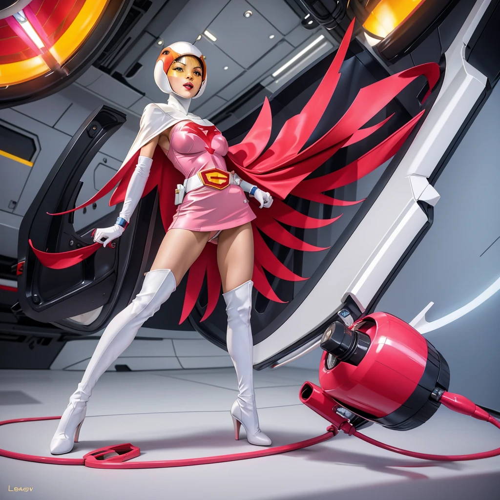 ANI_CLASSIC_jun_gatchaman_ownwaifu,1girl, 15yo,good anatomy, masterpiece, best quality, realistic, hyper realistic, 16k hdr, breasts, large breasts, lipstick, makeup, gloves, cape, helmet, belt, elbow gloves, white gloves, mask, ultra miniskirt, leotard, spacesuit, white tight overknee highheel boots, pink dress, superhero, bodysuit, cleavage, erected nipples,(sexy pose, from below:1.2),(spread legs:1.1),cameltoe