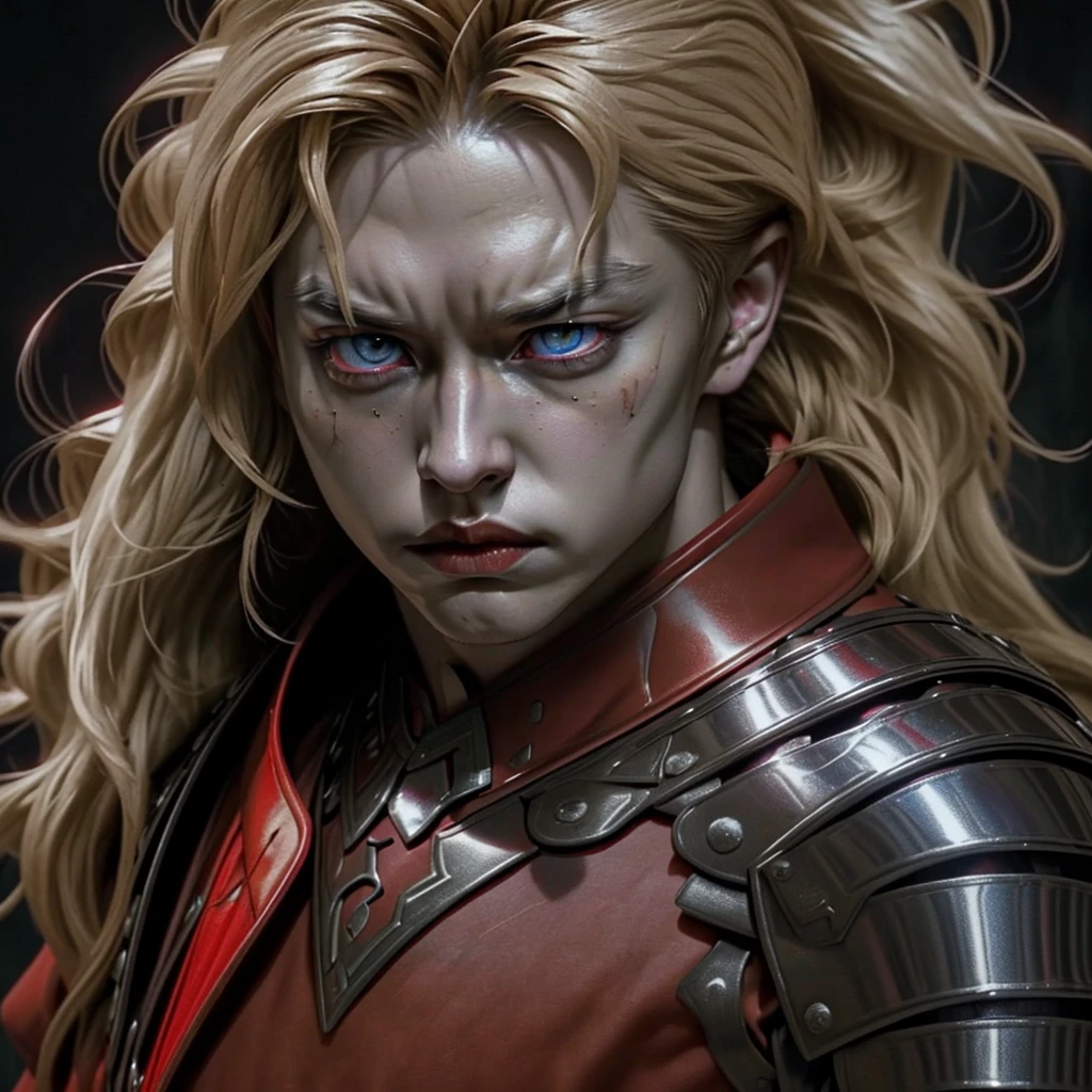 vampyre. A strong and feared warrior. A natural leader. Blonde, medium length hair. Eyes red. Muscular and agile. Black and red clothing with metal armor details