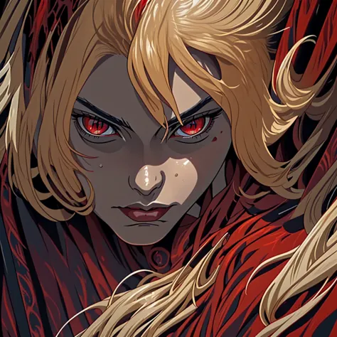 vampyre. a strong and feared warrior. a natural leader. blonde, medium length hair. eyes red. muscular and agile. black and red ...