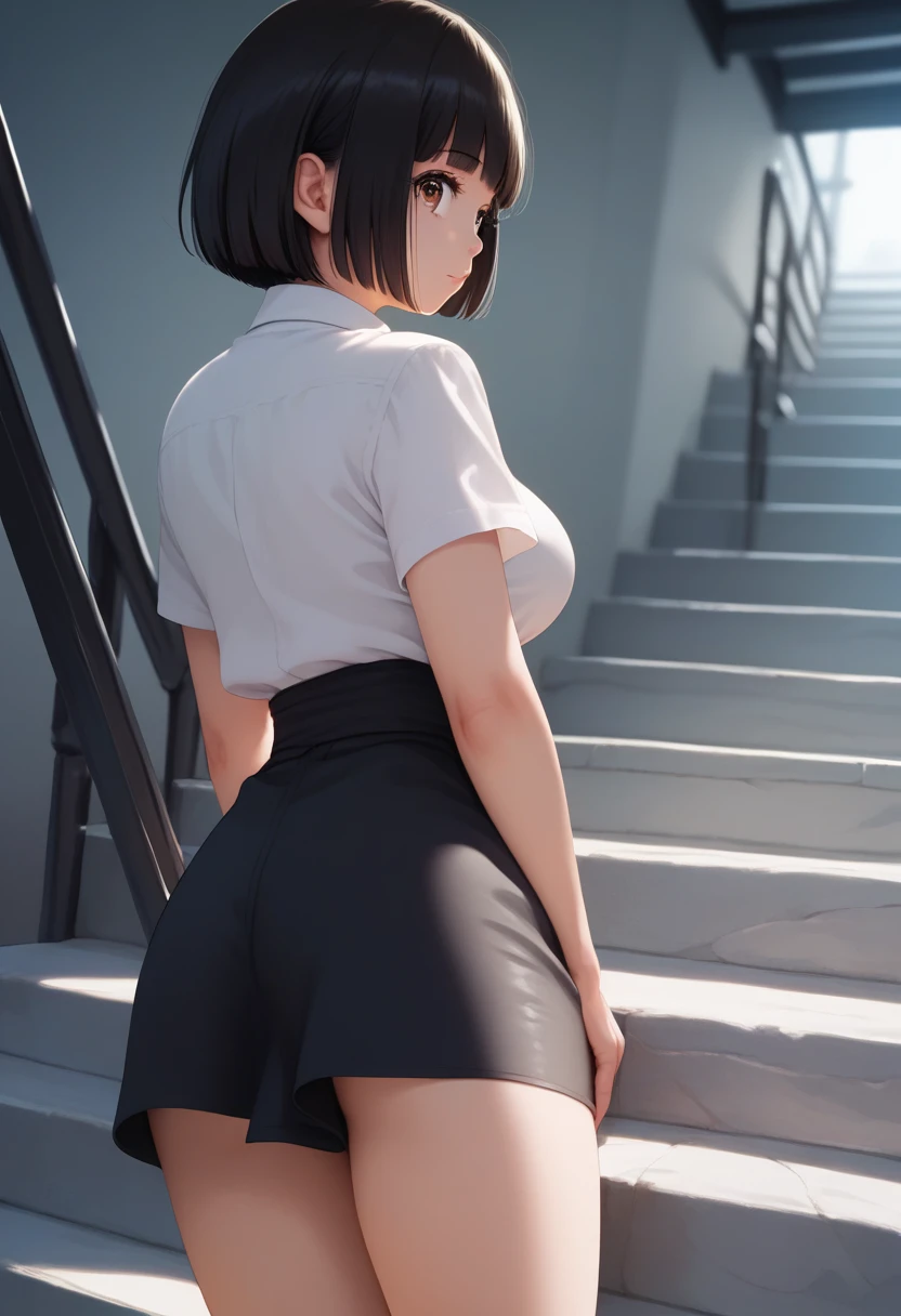 score_9,score_8_up,score_7_up,masterpiece,best quality, source anime, realistic, super detailed, extreme detailed, rating_safe, 
1girl, climbing stairs, from behind, (from below:0.8), 
BREAK 22yo, short hair, bob cut, (blunt bangs), black hair, (tareme, detailed cute brown eyes), curled eyelashes, (large breasts:0.9), 
shiny hair, beautiful detailed eyes, beautiful face,
white collared shirt, black tight mini skirt, zettairyouiki, (thighs),
head out of frame,
station, stairs,