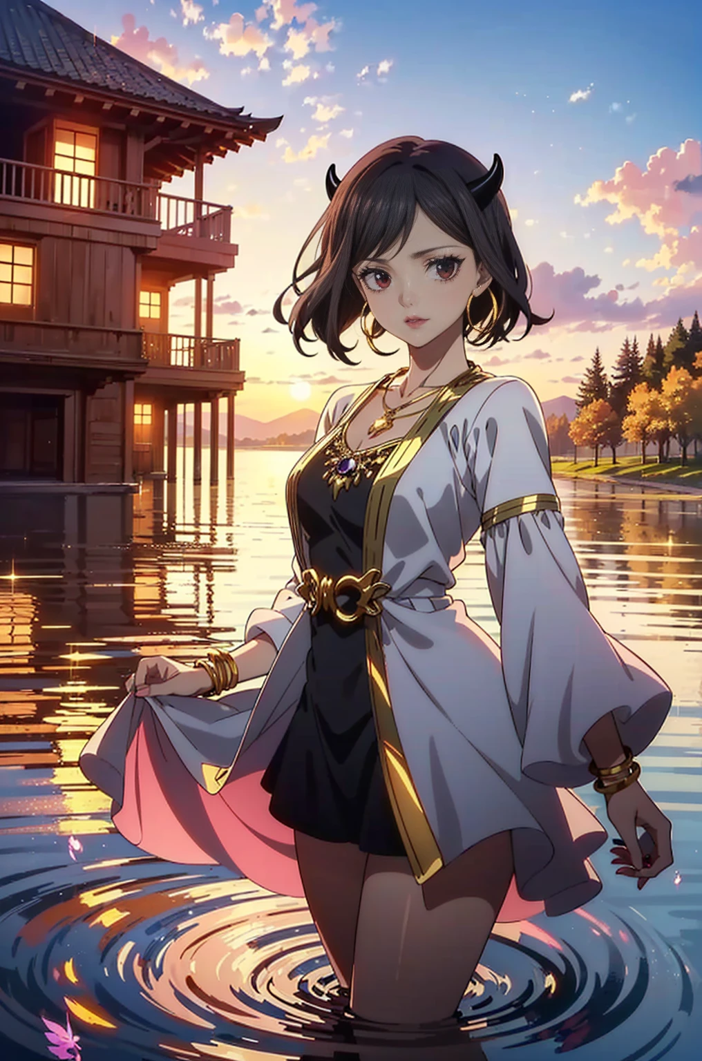 ((1girl, solo ,alone, Nero, Secre Swallowtail, illustration, (anime style, masterpiece, best quality), intricate details, 1girl, alone, Nero, black hair, short hair, red eyes, horns, black dress, black bulls, elegant delicate, reflection, shine, sophisticated, anime, manga, looking at the viewer, feathers)), ((solo, 1woman, pink lipstick, Extremely detailed, ambient soft lighting, 4k, perfect eyes, a perfect face, perfect lighting, a 1girl)), austere, ((white dress, black dress, puffy dress, short dress, long sleeve dress, dress with gold ornament, dress with gold details, on the lake, sunset, houses in the background, water, trees, fine jewelry, bracelets, amethyst necklace, hoop earrings))