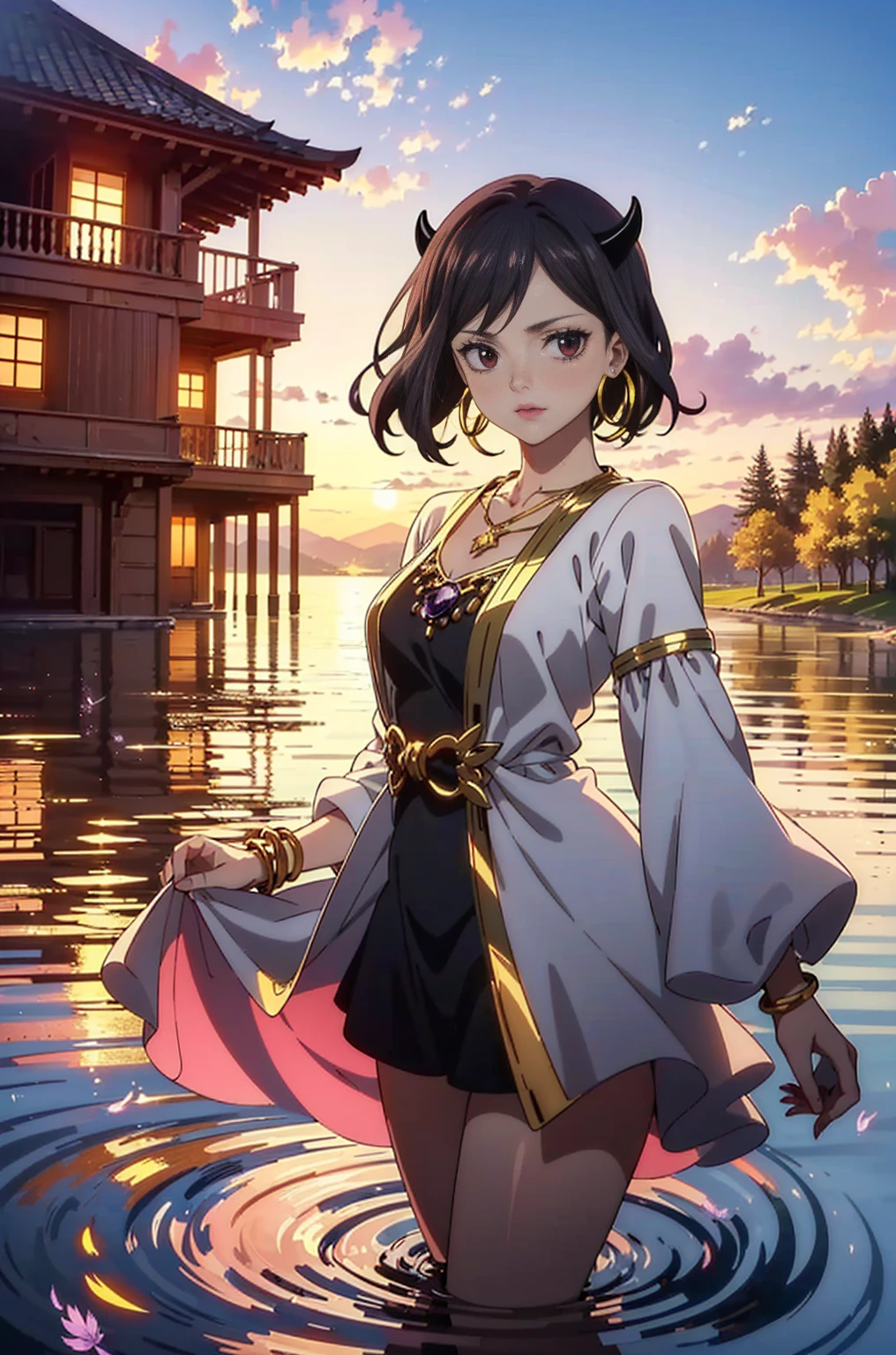 ((1girl, solo ,alone, Nero, Secre Swallowtail, illustration, (anime style, masterpiece, best quality), intricate details, 1girl, alone, Nero, black hair, short hair, red eyes, horns, black dress, black bulls, elegant delicate, reflection, shine, sophisticated, anime, manga, looking at the viewer, feathers)), ((solo, 1woman, pink lipstick, Extremely detailed, ambient soft lighting, 4k, perfect eyes, a perfect face, perfect lighting, a 1girl)), austere, ((white dress, black dress, puffy dress, short dress, long sleeve dress, dress with gold ornament, dress with gold details, on the lake, sunset, houses in the background, water, trees, fine jewelry, bracelets, amethyst necklace, hoop earrings))