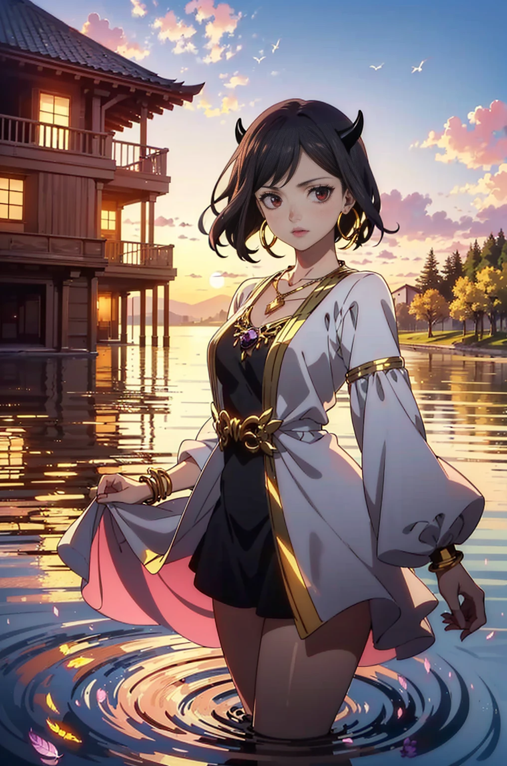 ((1girl, solo ,alone, Nero, Secre Swallowtail, illustration, (anime style, masterpiece, best quality), intricate details, 1girl, alone, Nero, black hair, short hair, red eyes, horns, black dress, black bulls, elegant delicate, reflection, shine, sophisticated, anime, manga, looking at the viewer, feathers)), ((solo, 1woman, pink lipstick, Extremely detailed, ambient soft lighting, 4k, perfect eyes, a perfect face, perfect lighting, a 1girl)), austere, ((white dress, black dress, puffy dress, short dress, long sleeve dress, dress with gold ornament, dress with gold details, on the lake, sunset, houses in the background, water, trees, fine jewelry, bracelets, amethyst necklace, hoop earrings))