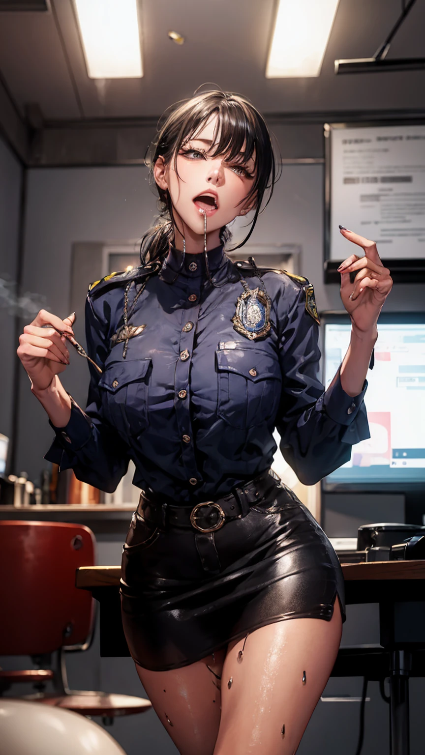 (Cinematic Digital Artwork: 1.3), High quality, masutepiece, of the highest quality, Super Detail, Illustration, [4K Digital Art]、(Moody lighting:1.2), depth of fields, Bokeh, 4K Solo, (Elite Detective、Police Uniform, policewoman), Stockings, City lights, (gaze at the audience: 1.3), Lips apart, Red lips, Shiny skin, dent in the skin, Best Quality, Ultra High Resolution, (Realism: 1.4),Fingers in someone else's mouth, Open mouth, biting fingers, Finger sucking, licking, tongue, tusk, Tongue out, POV, pov hand, Saliva, tongue、(steam,Sweat), ((a miniskirt)), Interrogation room、darkened room、Stainless steel desk and pipe chair、Katsudon and lighting on the desk、Cuffed、(((Looking up angle)))、エイリアン女