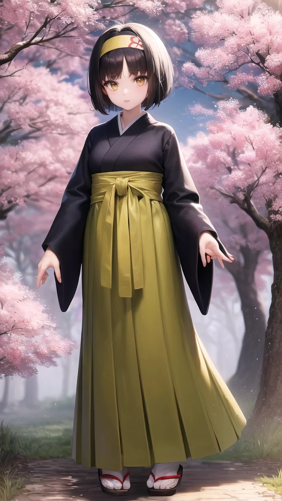 (masterpiece, best quality), 1girl,  pokemonerika, mature, (yellow eyes:1.5), black hair, headband, short hair, japanese clothes, kimono, hakama, green hakama, long sleeves, wide sleeves, sakura pink forest background, day, sunlight, anime style, beautiful, fullbody, sexy