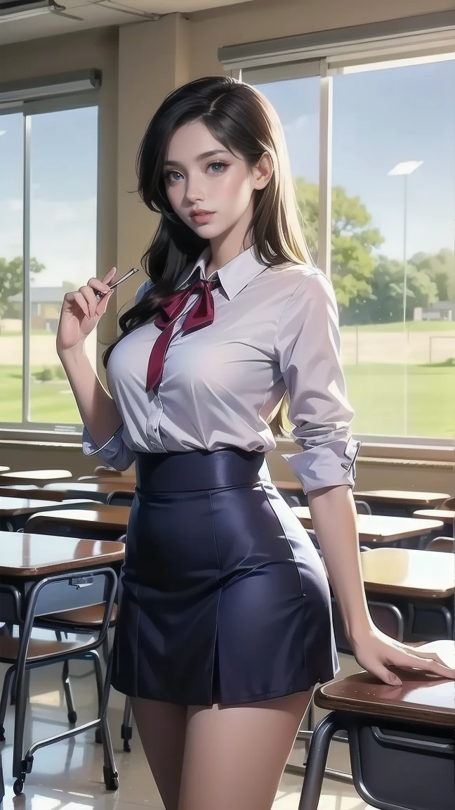 high school　classroom　During class　beautiful teacher　