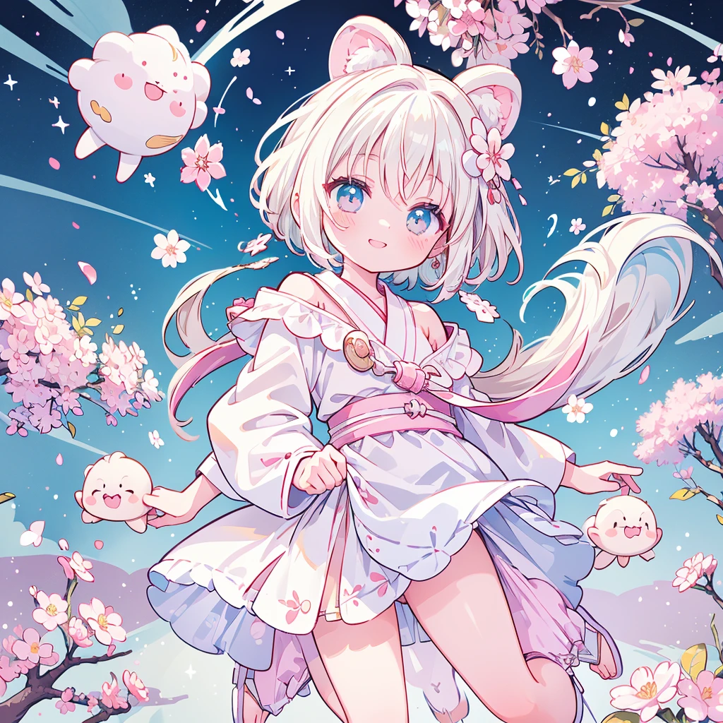 (Highest quality，masterpiece，Character Design)，A short figure with fluffy white hair stands alone in the center.，Card Captor Sakura, shoulder-length hair，Cherry blossom hair ornament, White Curly Hair，The tips of the hair are curled，A non-exposing yukata，Light rainbow colored clothes，Cherry blossom patterned yukata，smile，楽しそうなsmile, Background Removal，People only，Correct Anatomy)，Super cute short full body portrait of Super Q，