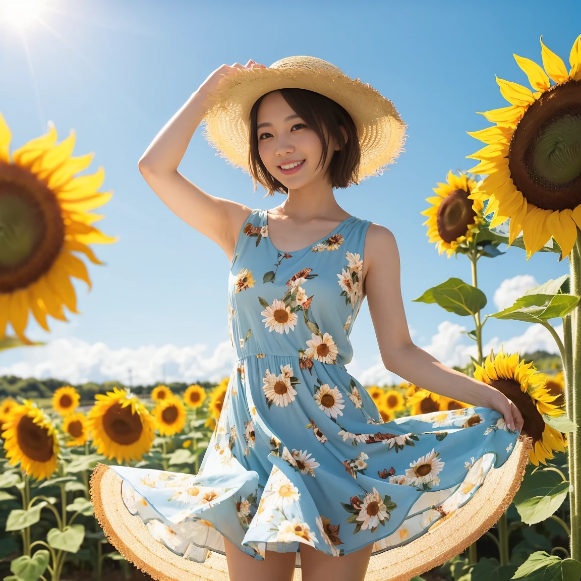 (One woman), short bob, 28 years old, Japanese, brown eyes, brown hair, slim figure, flat chest, rosy cheeks, flushed face,
Break
Clothing Floral summer dress Dress is sleeveless and lightweight Wearing straw hat Expression/Background Happy smiling expression Sunflowers swaying in the wind and blue sky Green leaves can be seen between the sunflowers in the background