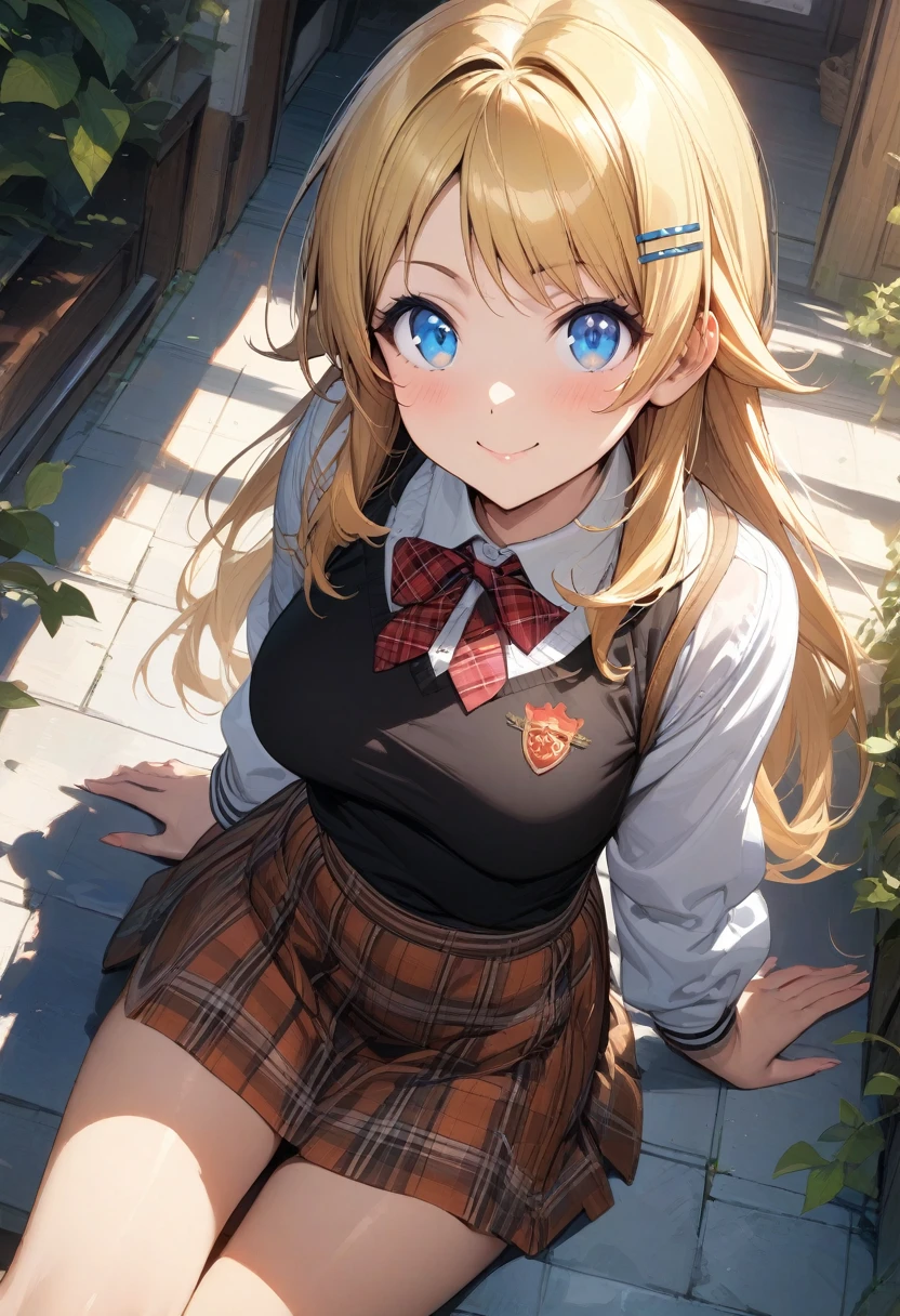 (masterpiece), (best quality), (ultra-detailed), (best illustration), (best shadow), (absurdres), (detailed background), (very aesthetic), meguru hachimiya, 1girl, blonde hair, skirt, solo, blue eyes, hair ornament, smile, plaid, breasts, plaid skirt, hairclip, looking at viewer, shirt, long hair