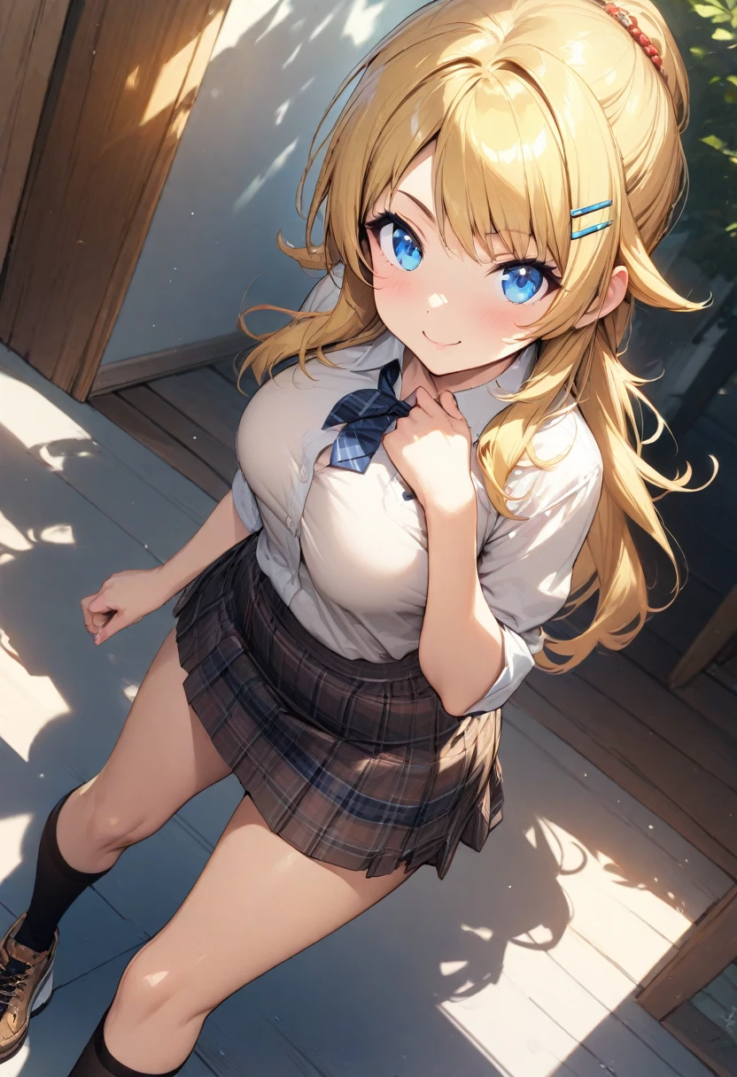 (masterpiece), (best quality), (ultra-detailed), (best illustration), (best shadow), (absurdres), (detailed background), (very aesthetic), meguru hachimiya, 1girl, blonde hair, skirt, solo, blue eyes, hair ornament, smile, plaid, breasts, plaid skirt, hairclip, looking at viewer, shirt, long hair