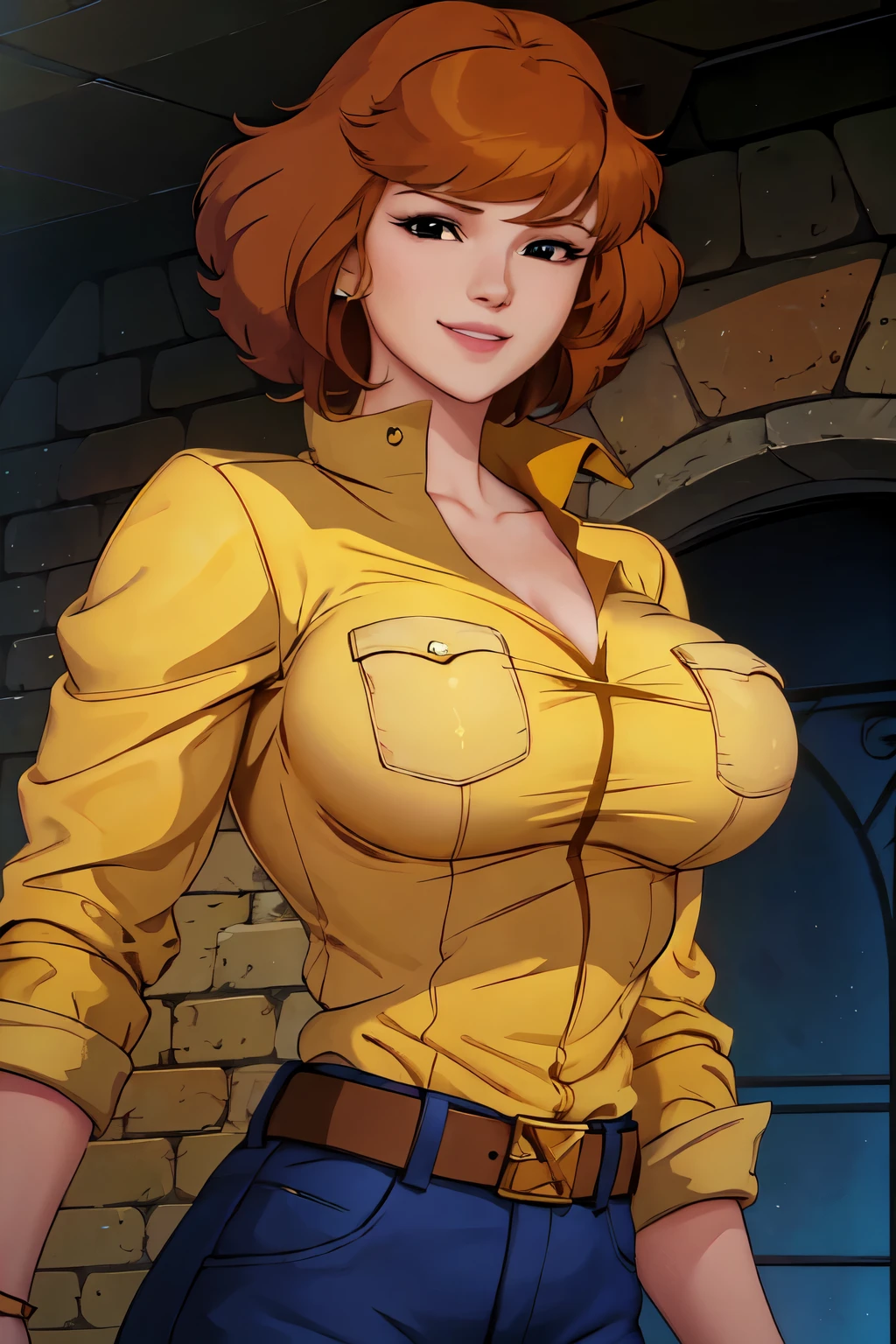 absurdres, april o'neil, 1girl, short brown hair, black eyes, upper body, yellow jumpsuit, sleeves rolled up, White Belt ， big breasts，earrings，Smile