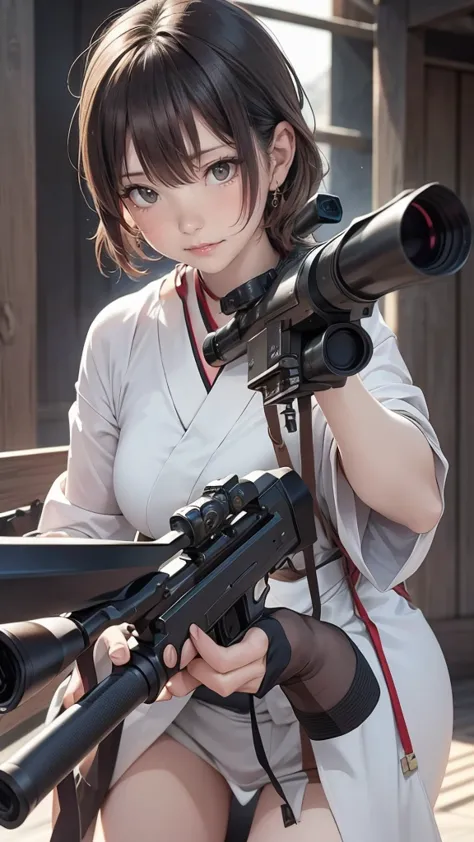 a photograph taken with a 70mm lens of a japanese girl aiming a sniper rifle, her expression focused and intense, the color temp...