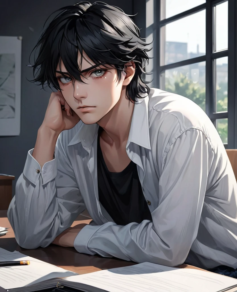 A strong boy, eyes pitch black, dark circles under his eyes, cold and emotionless eyes, an expressionless face, a lazy face, and he doesn't express any emotions, a cold expression, a sharp and frightening gaze, hair pitch black, slightly long and unkempt, wearing casual clothes, a wide white shirt, wide jeans, black sneakers, he looks towards the end with a cold and uninterested gaze, sits at a desk, a spacious office room, windows to the outside, smokes a cigarette with a cold expression 