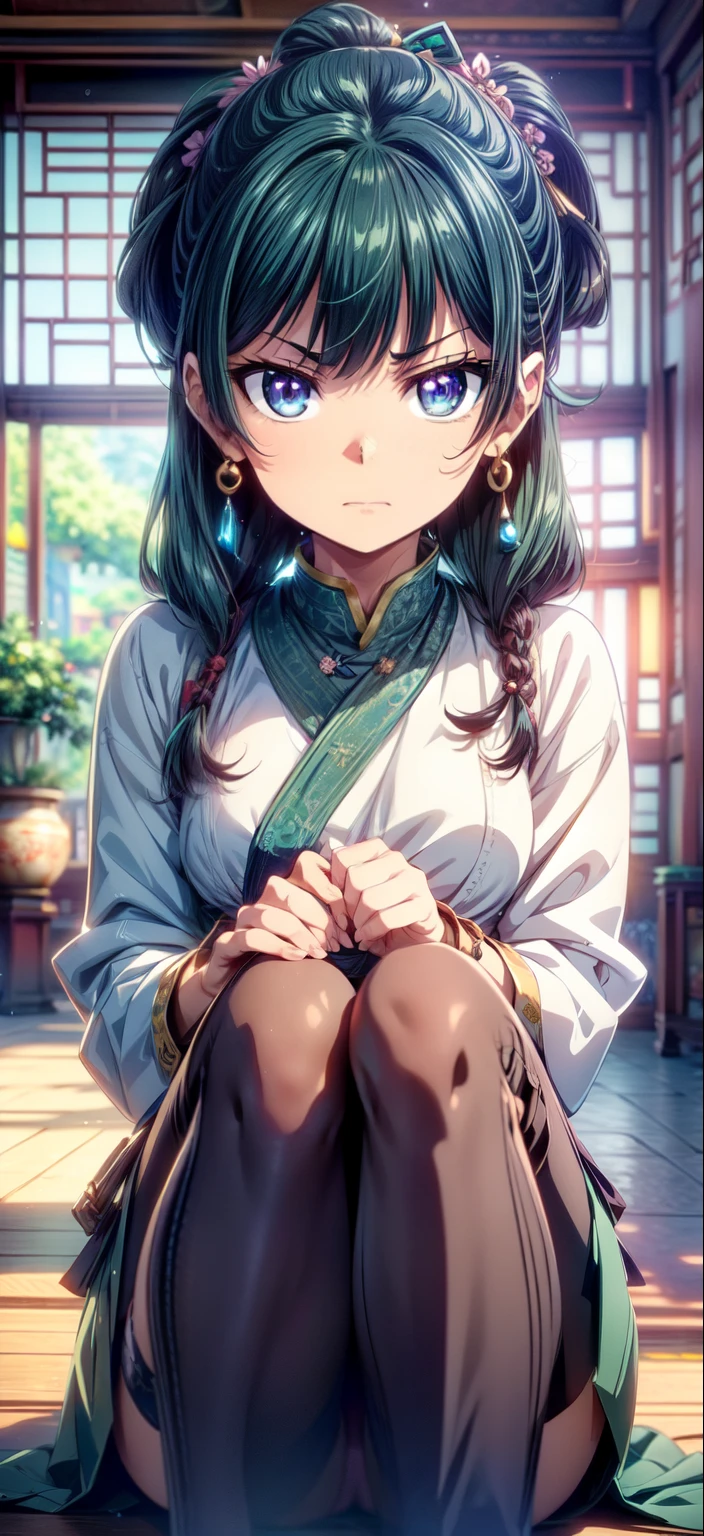 (Masterpiece, High Quality, Top quality, High-Detailed, Detailed CG, Cinematic Shadow, Cinematic Scene, Beautiful Detailed Eyes, Ultra Resolution, Depth of Field, High Resolution, Masterpiece: 1.2), Anime Art style, Very Detailed, Dynamic Angle, Teen Style, Detailed Green Hair, Detailed Blue Eyes, Purple Eye, Slim Body, Sparkling Eyes, Sparkling Detailed Eyes, Hair Accessory, Earrings, Slightly Blunt Bangs, Looking at the Audience, Cute, Five Finger, (Angry Expression:1.2), (Chinese Flower Pattern), (Chinese Underwear: dudou [Bellyband], [Pocket], [pocket]), (moxiong [Tube Top]), (Waxiong [Stockings]), (Lanqun [Skirt]), (Hehuan Lanqun [合欢Skirt]), lingerie, Underwear, Good Composition, Legs, Feet, Wet, Water, Thighs, Small Breasts, Small Size Breasts, Blur Background, Chinese Architectures