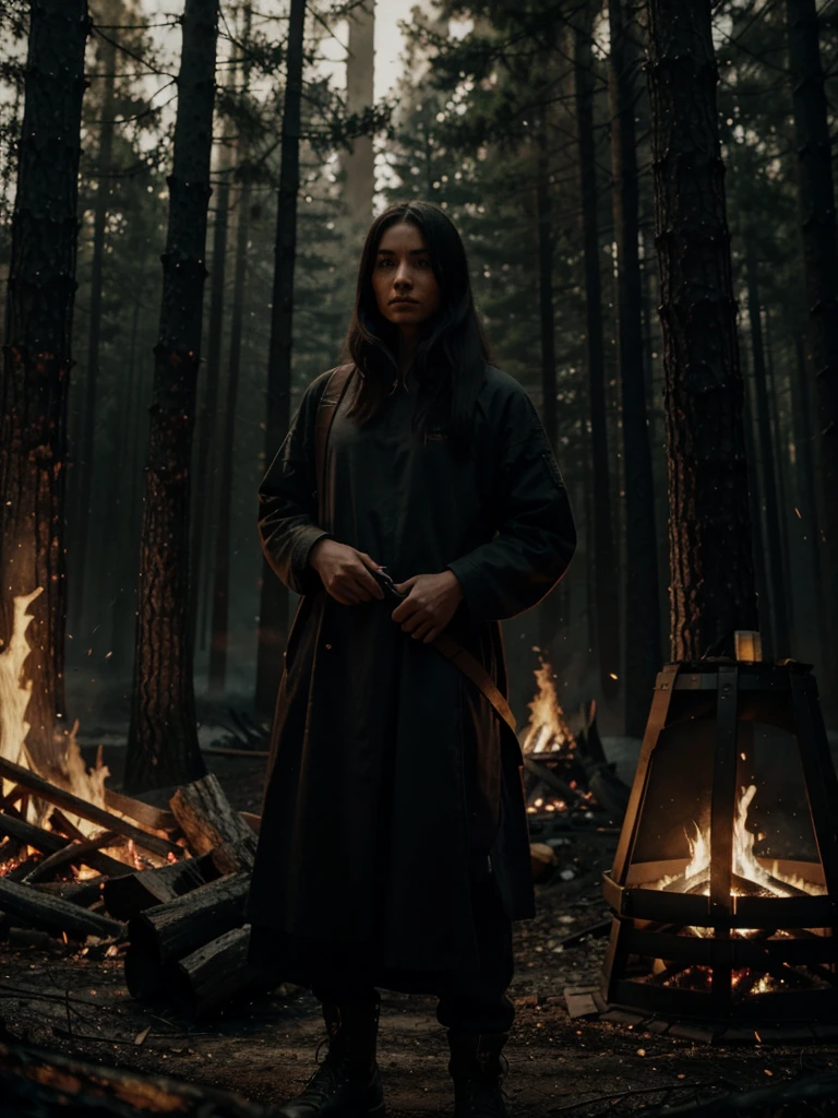 Early humans protecting themselves from predators by a fire, a man and a woman, in a dark and threatening landscape, wearing simple clothing made from animal hides, with a large fire casting shadows and a dark, ominous forest in the background, medium shot, hyper-realistic, photo realism, cinematography, masterpiece, highest quality, extremely detailed, cinematic lighting, intricate details, high resolution, official art, high resolution illustration, 8K, depth of field --ar9:16