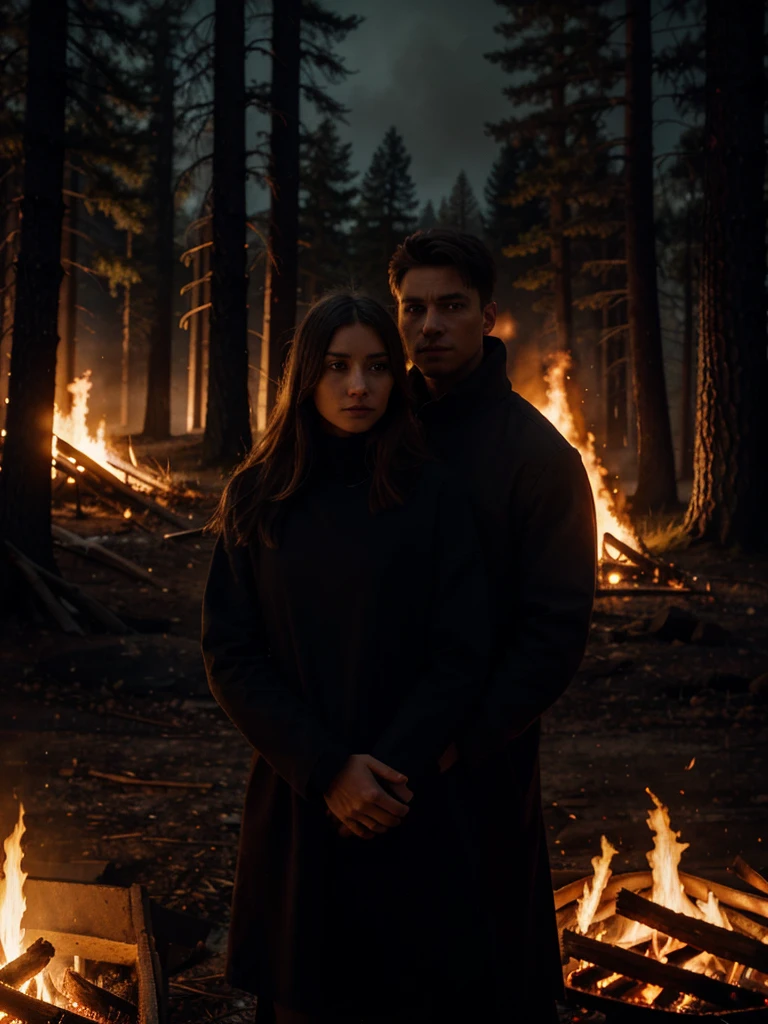 Early humans protecting themselves from predators by a fire, a man and a woman, in a dark and threatening landscape, wearing simple clothing made from animal hides, with a large fire casting shadows and a dark, ominous forest in the background, medium shot, hyper-realistic, photo realism, cinematography, masterpiece, highest quality, extremely detailed, cinematic lighting, intricate details, high resolution, official art, high resolution illustration, 8K, depth of field --ar9:16