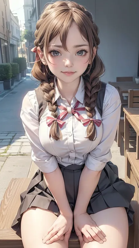 (depicting a single moment from a anime for adults), ((braid, glasses, pleated skirt, ribbon, round face, eyes with realistic si...