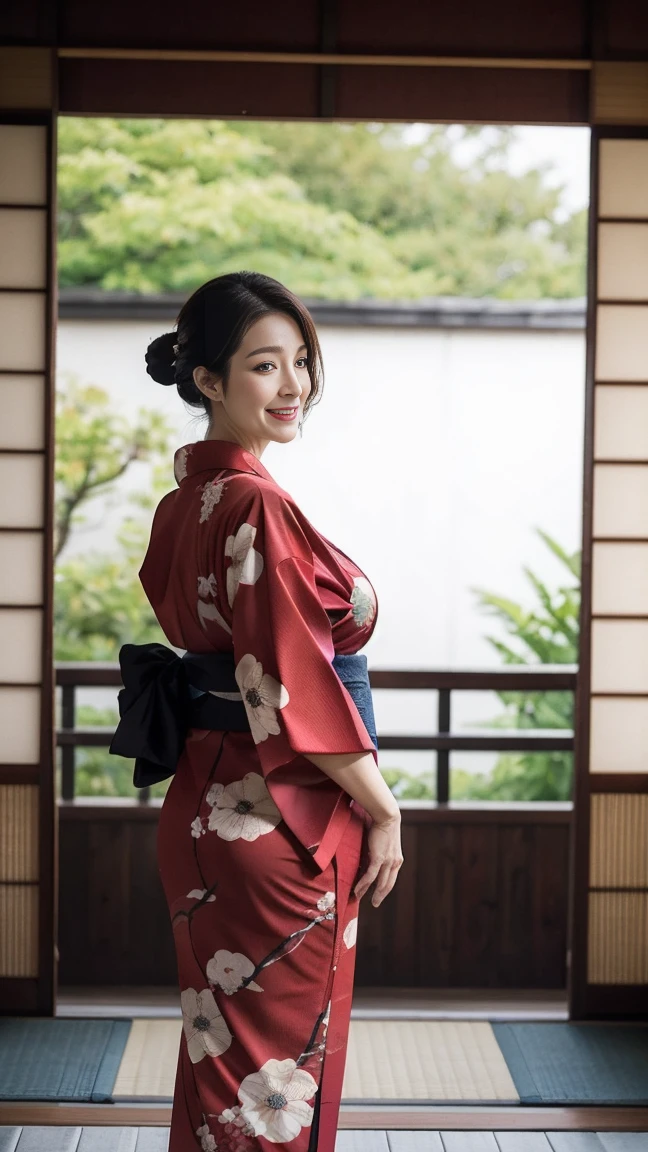 Mature attractive sexy woman,50 years old, ((kimono)),((vermilion))、(((kimono))),((Big Breasts:1.1)),(Facial wrinkles:0.9),light makeup,Light brown hair,Long Hair,(Full body photo:0.85),(Emphasize big buttocks),8k, RAW Photos, Highest quality, Laughter,cleavage,masterpiece,Highest quality、A kind smile、A captivating gaze、Random Hairstyles、Japanese-style room、Shoji Screen、lanthanum、