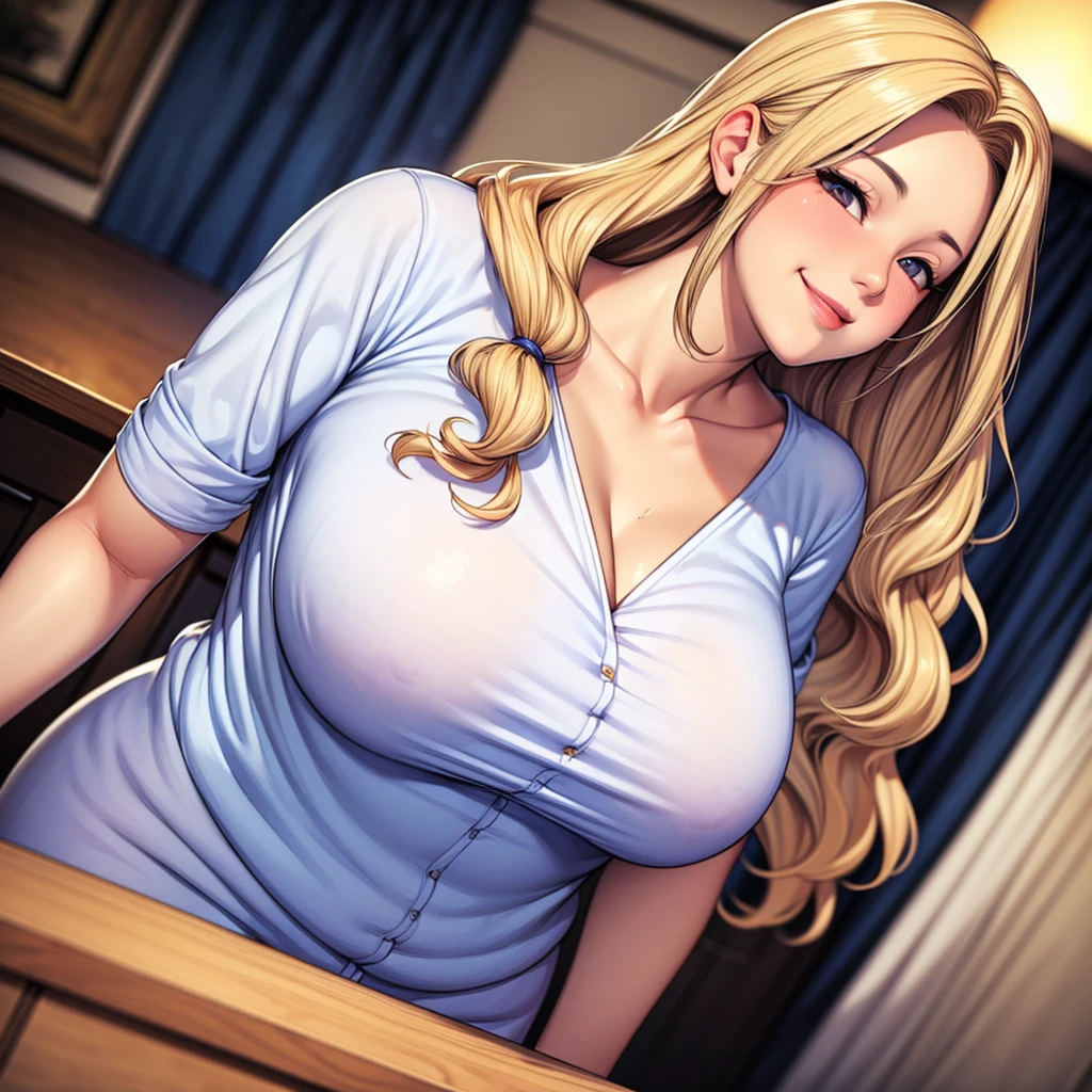 ((1girl)), (((Solo: 1.4))) ((Masterpiece)), (perfect anatomy), perfect shading, soft lighting, (best quality), ((8k)), extremely delicate and beautiful, perfect lighting, front lighting, detailed face, ultra cute face, cute, ((blonde long hair)), seductive smile, ((white shirt)), Humongous breasts, cleavage, indoors, ((headshot)), ((sexy))