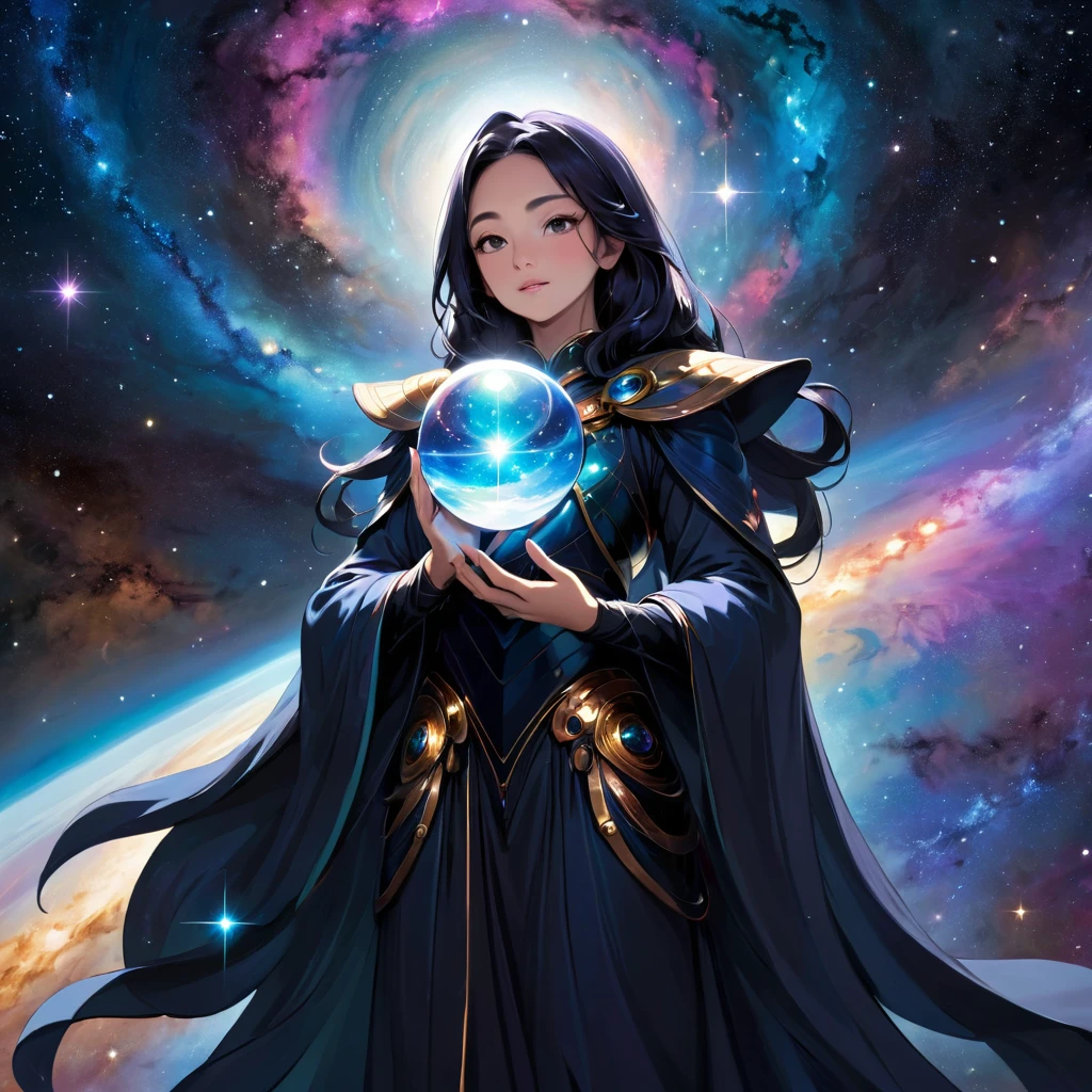 A cosmic, ethereal being stands in the vastness of space, embodying both the mystery and majesty of the universe. This guardian of the cosmos holds a glass orb in one hand, reflecting the world and the infinite universe within it. Its face is an endless void filled with stars, galaxies, and the cosmic night, representing the boundless expanse of space. The background is a deep, star-studded sky, evoking a sense of awe and reverence. The figure emanates a protective yet powerful presence, akin to a celestial overseer, its form blending seamlessly with the surrounding universe