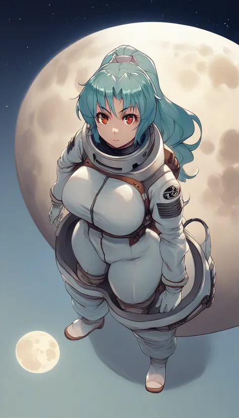 score_9, score_8_up, score_7_up,  tomoesd, 1girl,solo, a woman with huge breast standing on the moon, wearing a spacesuit, looki...