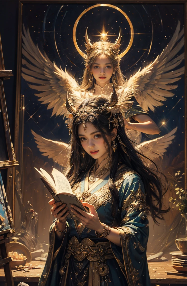 (Tabletop, Highest qualityの, (((((woman)))))、Highest quality, Official Art, (beautifully、beautiful:1.4), (Oil painting:1.4) ),（（male））  (lucifer), God of Japanese God Stories々々, fleeting beauty, A mysterious god illuminated by the starry sky, Winged Angel、god&#39;Grace, Calm and thoughtful expression, Flowing Heavenly Robe, Dazzling silver stars light up the night view, Dance of shadows and lights, Whispers of Ancient Legends、Very slender、