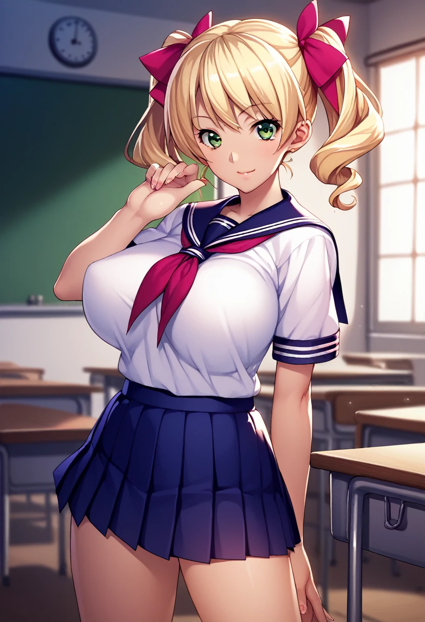 score_9, score_8_up, score_7_up, source_anime, best quality, masterpiece, hi res, game cg, very aesthetic, absurdres, rating_questionable, uncensored, shintaro_v2, 1girl, solo, standing, school uniform, blonde hair, short twintails, hair ribbon, green eyes, large breasts 