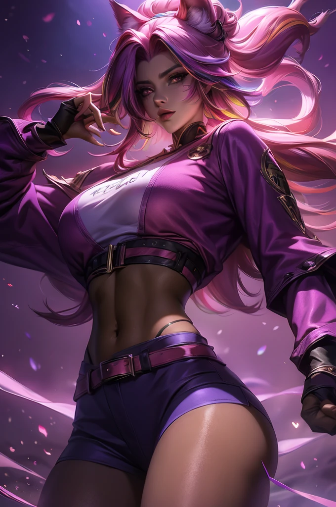 (quasarcake:0.7)(sssambatea:0.5), absurdres highly-detailed best-quality masterpiece amazing-shading cinematic-lighting detailed-illustration, 1girl, yaana, miqo'te, dark-skin, feline eyes, multicolored hair, pink hair, cropped jacket, midriff, red shorts, pink-to-purple-gradient-background
