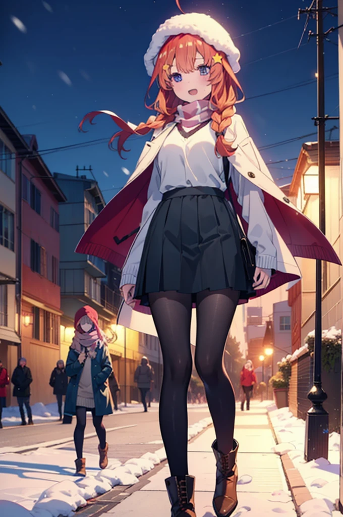 itsukinakano, Itsuki Nakano, bangs, blue eyes, Hair between the eyes, Ahoge, Redhead, star \(symbol\), hair ornaments, star hair ornaments,smile,Open your mouth,White Breath,blush,Long, thick braids,Knitted hat,White scarf,Red long coat,V-neck sweater,Black long skirt,Red pantyhose,short boots,snowが降っている,snowが積もっている,snow,snow,snow,snow,Walking,whole bodyがイラストに入るように,night,
break outdoors,Residential Street,
break looking at viewer, whole body,
break (masterpiece:1.2), Highest quality, High resolution, unity 8k wallpaper, (figure:0.8), (Beautiful attention to detail:1.6), Highly detailed face, Perfect lighting, Highly detailed CG, (Perfect hands, Perfect Anatomy),