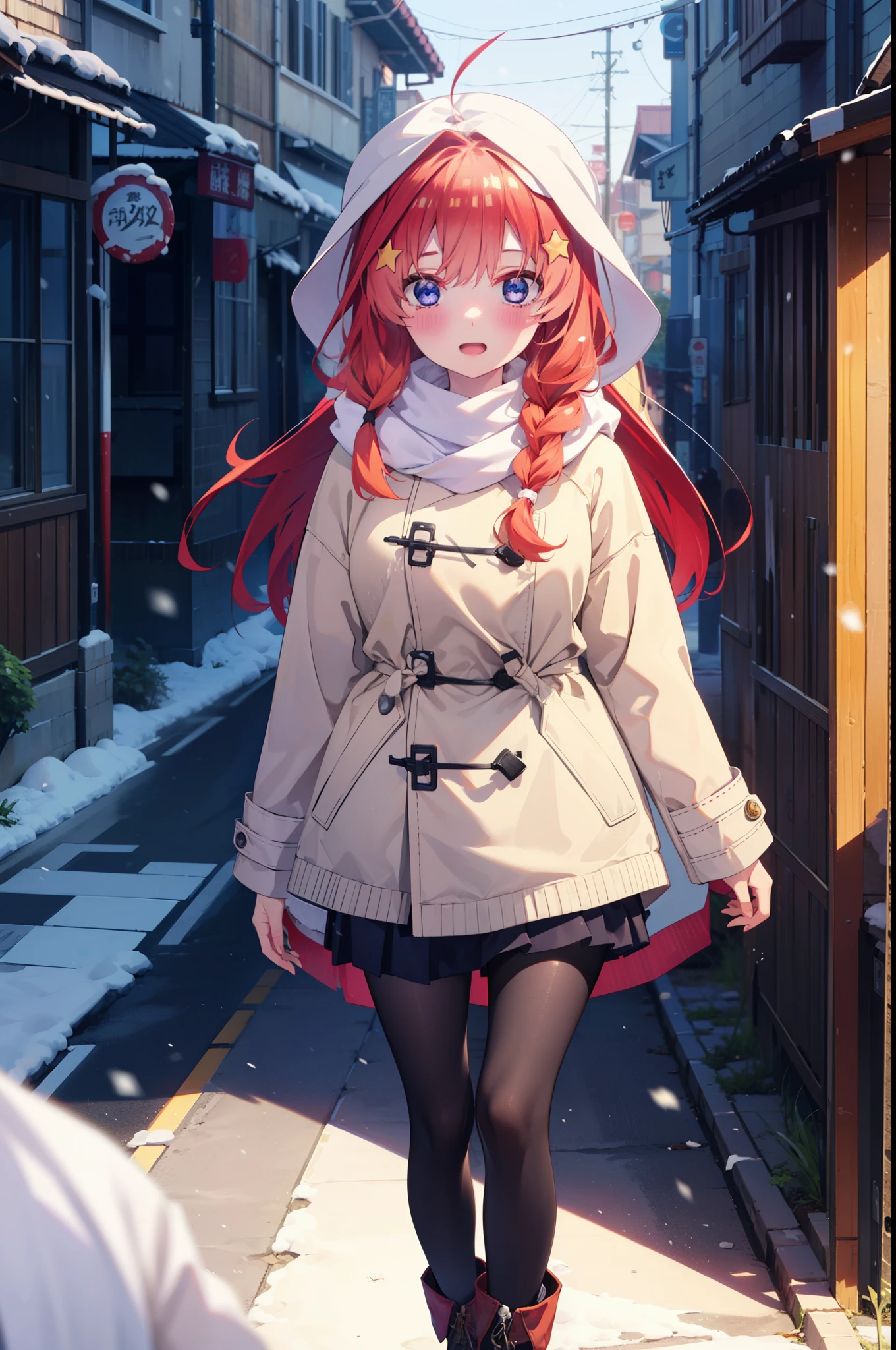 itsukinakano, Itsuki Nakano, bangs, blue eyes, Hair between the eyes, Ahoge, Redhead, star \(symbol\), hair ornaments, star hair ornaments,smile,Open your mouth,White Breath,blush,Long, thick braids,Knitted hat,White scarf,Red long coat,V-neck sweater,Black long skirt,Red pantyhose,short boots,snowが降っている,snowが積もっている,snow,snow,snow,snow,Walking,whole bodyがイラストに入るように,night,
break outdoors,Residential Street,
break looking at viewer, whole body,
break (masterpiece:1.2), Highest quality, High resolution, unity 8k wallpaper, (figure:0.8), (Beautiful attention to detail:1.6), Highly detailed face, Perfect lighting, Highly detailed CG, (Perfect hands, Perfect Anatomy),