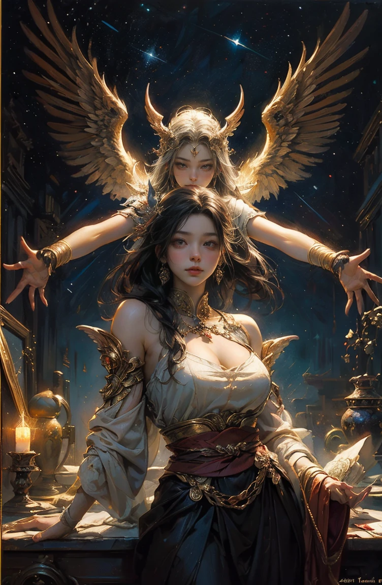 (Tabletop, Highest qualityの, (((((woman)))))、Highest quality, Official Art, (beautifully、beautiful:1.4), (Oil painting:1.4) ),（（male））  (lucifer), God of Japanese God Stories々々, fleeting beauty, A mysterious god illuminated by the starry sky, Winged Angel、god&#39;Grace, Calm and thoughtful expression, Flowing Heavenly Robe, Dazzling silver stars light up the night view, Dance of shadows and lights, Whispers of Ancient Legends、Very slender、