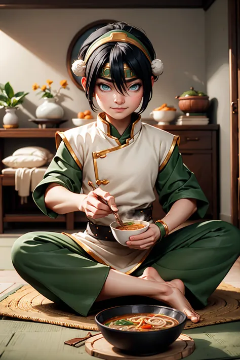 toph bei fong, short black hair, white eyes, headband,hair ornament, blind, green chinese clothes, tunic, bracers, pants, barefo...