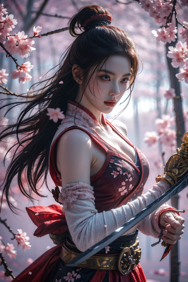 Upper Body,Blade to the side,Striking posture,Blade down,Right hand blade,Cherry blossoms,, (masterpiece, best quality, high quality, High resolution, Super detailed),