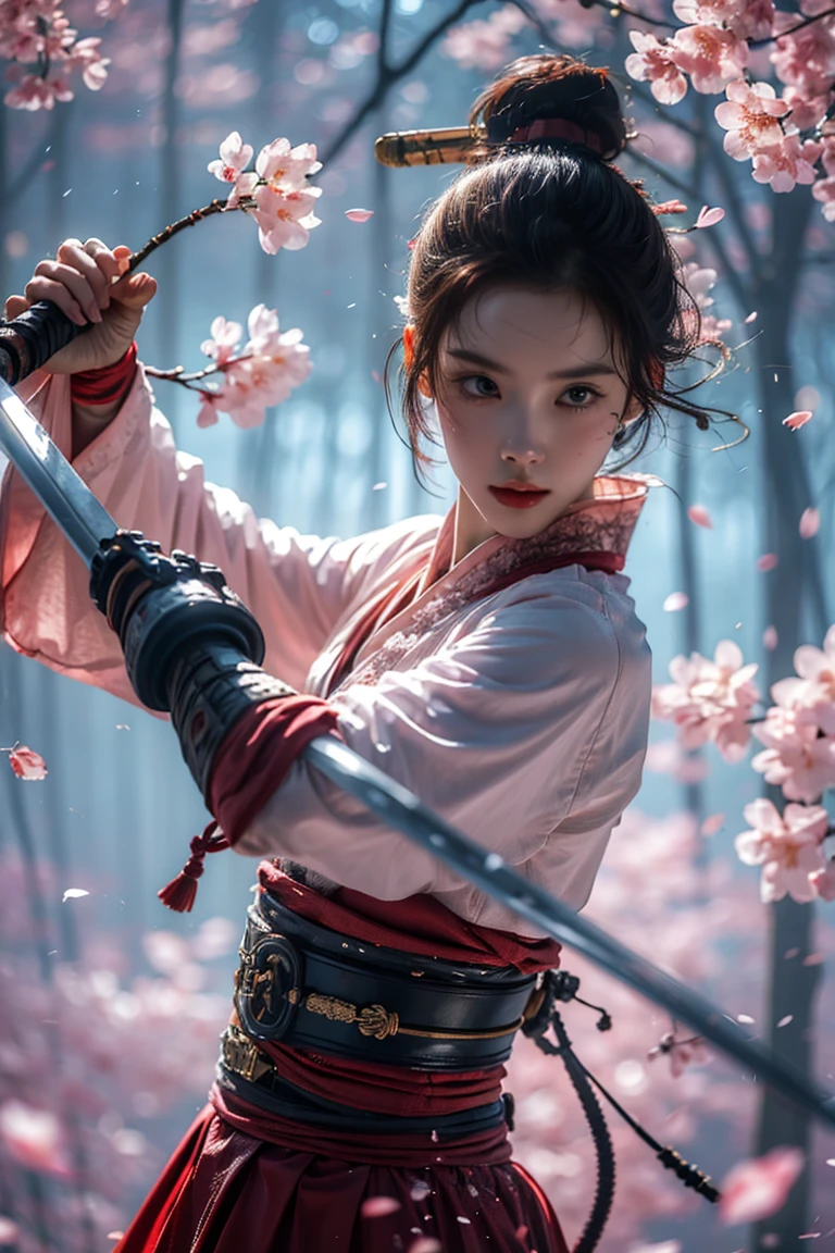 Upper Body,Blade to the side,Striking posture,Blade down,Right hand blade,Cherry blossoms,, (masterpiece, best quality, high quality, High resolution, Super detailed),