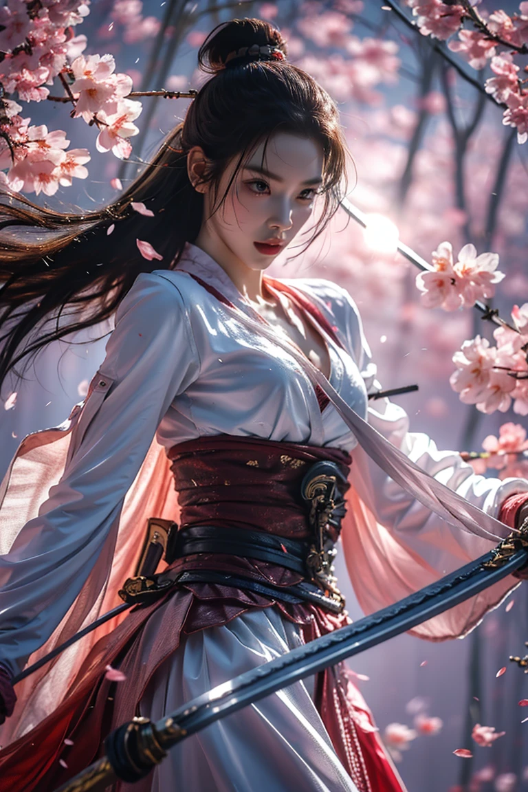 Upper Body,Blade to the side,Striking posture,Blade down,Right hand blade,Cherry blossoms,, (masterpiece, best quality, high quality, High resolution, Super detailed),