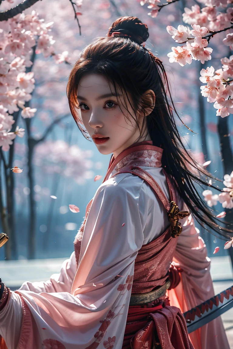 Upper Body,Blade to the side,Striking posture,Blade down,Right hand blade,Cherry blossoms,, (masterpiece, best quality, high quality, High resolution, Super detailed),