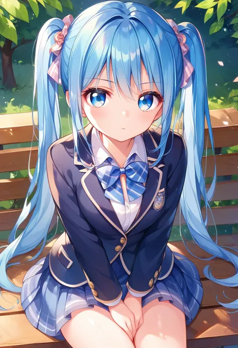 a dazed feeling,blue hair twintails、blue eyes、slanted eyes、normal chest、playing a handheld game on a park bench、
serious express...