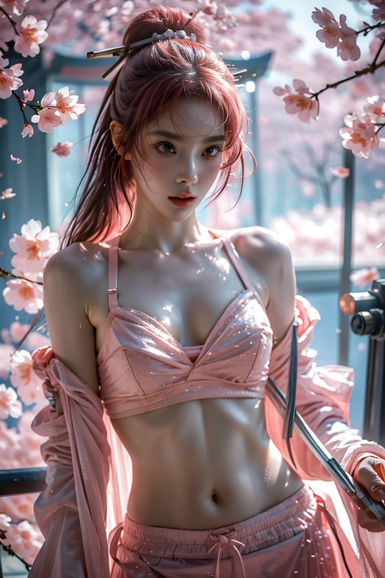 (((Sexy pink lingerie)))、Bangs and twin tails、belly button and lower chest are visible、shiny skin、((Shy face))、((Blushed))、(teary eyes)、cry、(((A temple filled with cherry blossoms)))、((beautiful picture))，(masterpiece details RAW photos:1.25), (best quality:1.6), (Ultra-high resolution:1.5), (actual:1.75), 8K resolution, Canon EOS R5, 50 mm, absurd, Super detailed,movie lighting、((Sexy tong))
