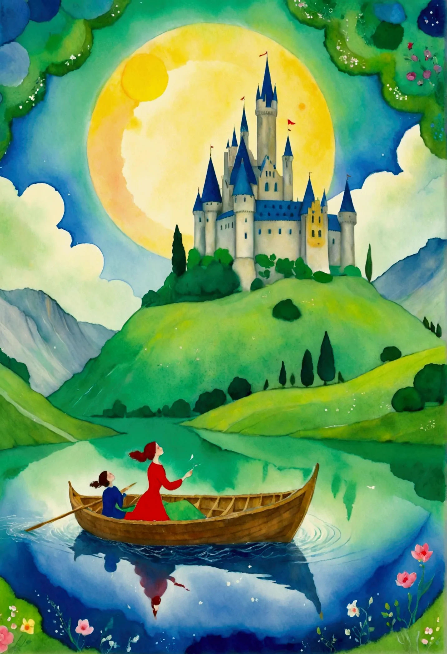 painting of a woman in a boat with a castle in the background, a storybook illustration inspired by marcel chagall, deviantart c...