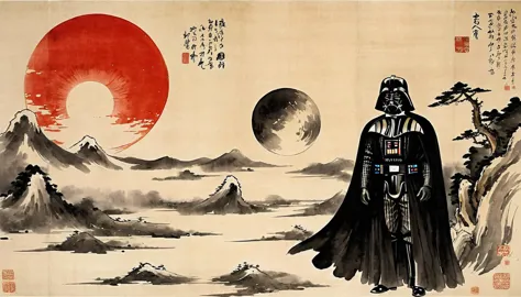 masterpiece,drawing darth vader and the death star,japanese paintings drawn with ink and water,(beautiful gradation created by l...