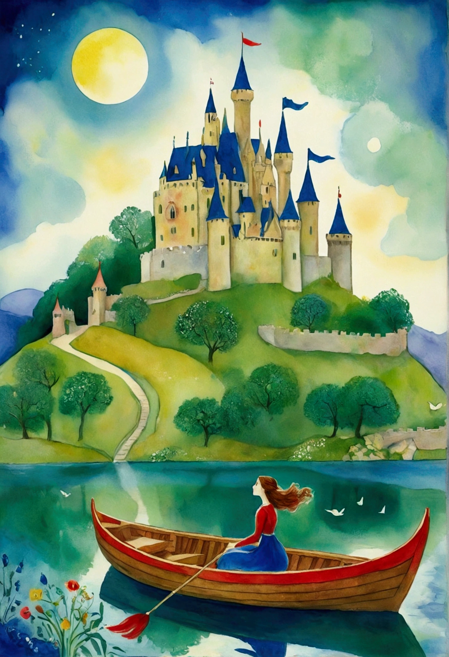 painting of a woman in a boat with a castle in the background, a storybook illustration inspired by Marcel Chagall, deviantart contest winner, metaphysical painting, fairy tale illustration, fairytale illustration, fairy tale illustrations, fantasy watercolor, fairy-tale illustration style, storybook illustration, childrens book illustration, children book illustration, children’s book illustration, children's book illustration