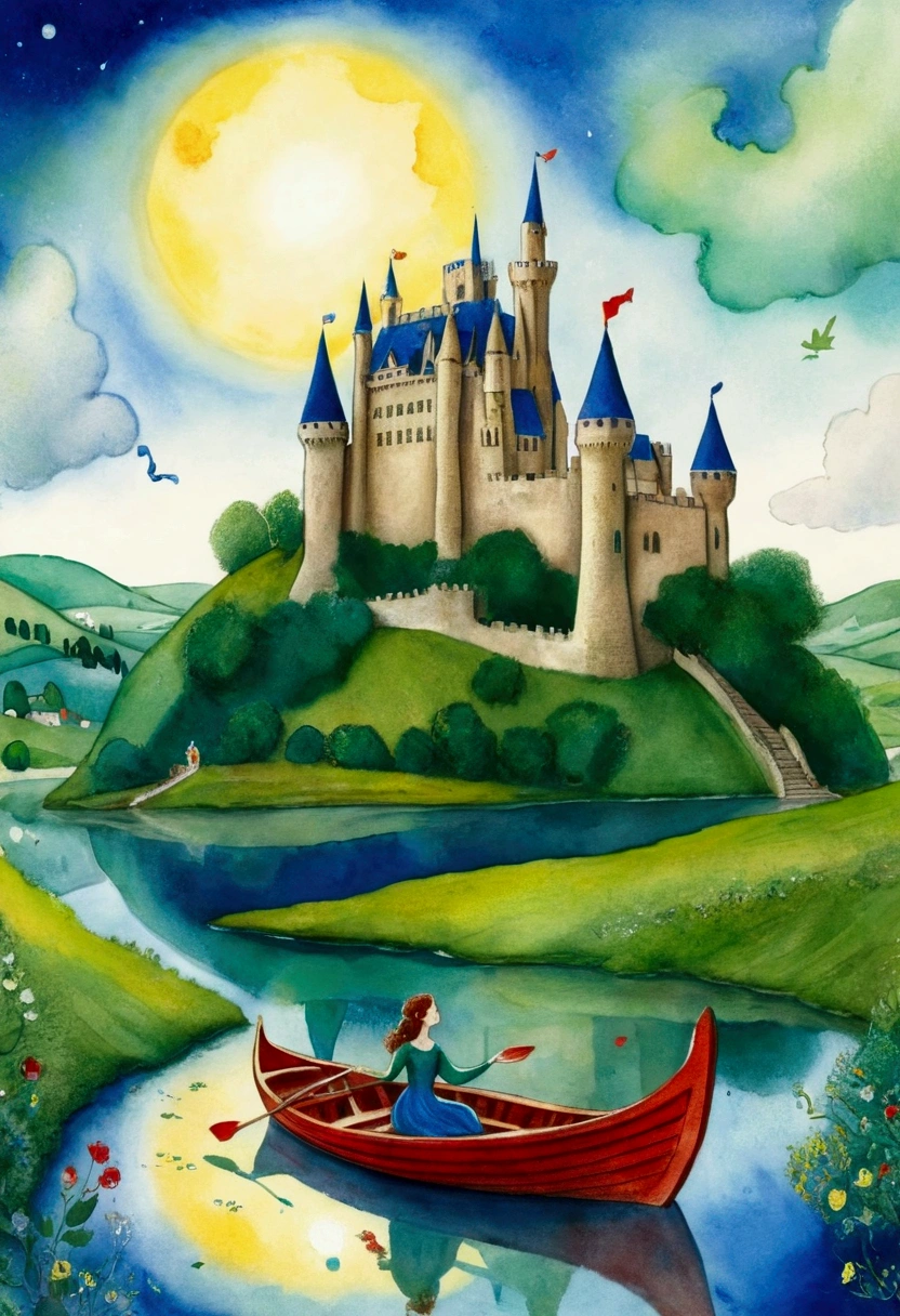 painting of a woman in a boat with a castle in the background, a storybook illustration inspired by Marcel Chagall, deviantart contest winner, metaphysical painting, fairy tale illustration, fairytale illustration, fairy tale illustrations, fantasy watercolor, fairy-tale illustration style, storybook illustration, childrens book illustration, children book illustration, children’s book illustration, children's book illustration