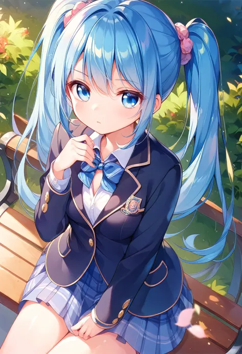 a dazed feeling,blue hair twintails、blue eyes、slanted eyes、normal chest、playing a handheld game on a park bench、
serious express...